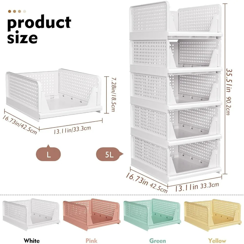 SNSLXH 5 Pack Stackable Closet Storage Basket Multifunctional & Foldable Closet Organizer for Bathroom Kitchen Laundry Room