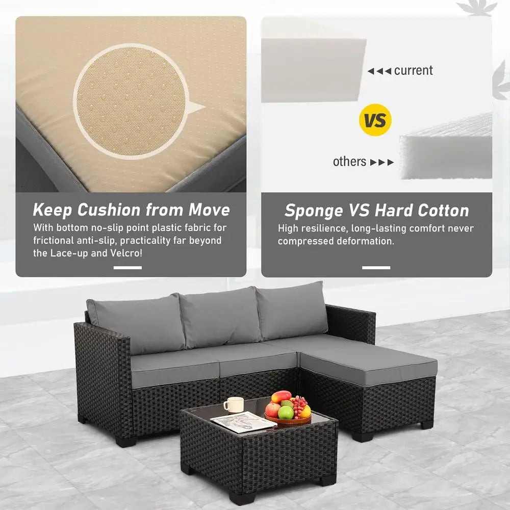 Wicker Patio urniture Patio Couch 3 Pieces Outdoor Sectional with Ottoman and Outdoor Glass Table Weathering Anti-Slip Cushions