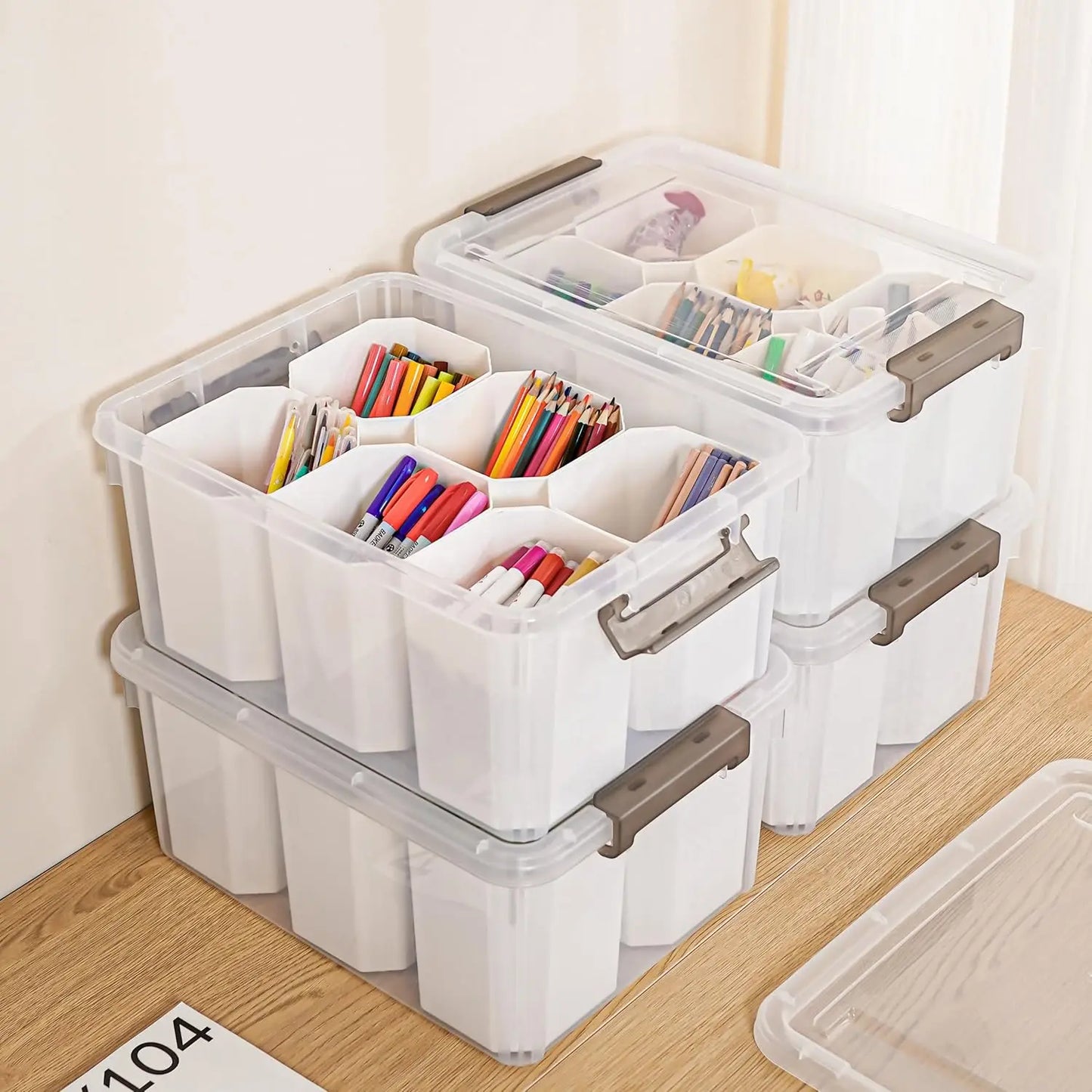 17QT Plastic Storage Bins with Lids, Clear Stackable Organizer Boxes 4-Pack, Multipurpose Craft Tool Crayon Storage