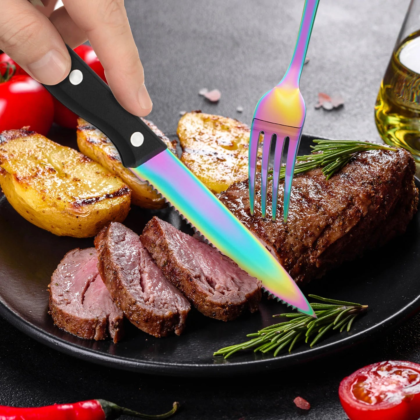 KOOMADE 24 pcs rainbow  Silverware Set Service For 4 Stainl Steel Flatware Serving Set Cutlery Set Knife Fork And Spoon