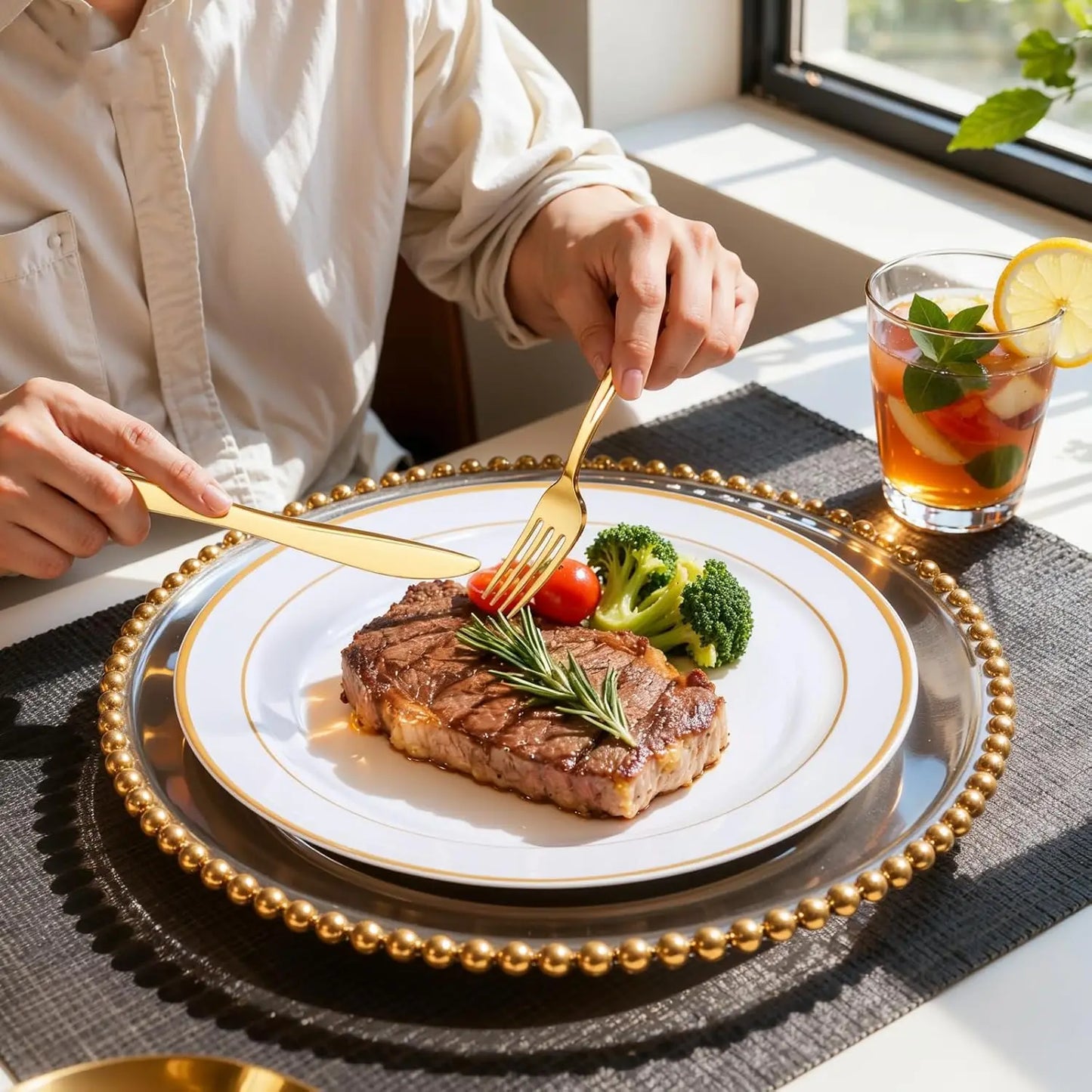 350Piece Gold Dinnerware Set for 50 Guests - Gold Plastic Plates with Disposable Cutlery Include:50Dinner Plates-50Dessert Plate
