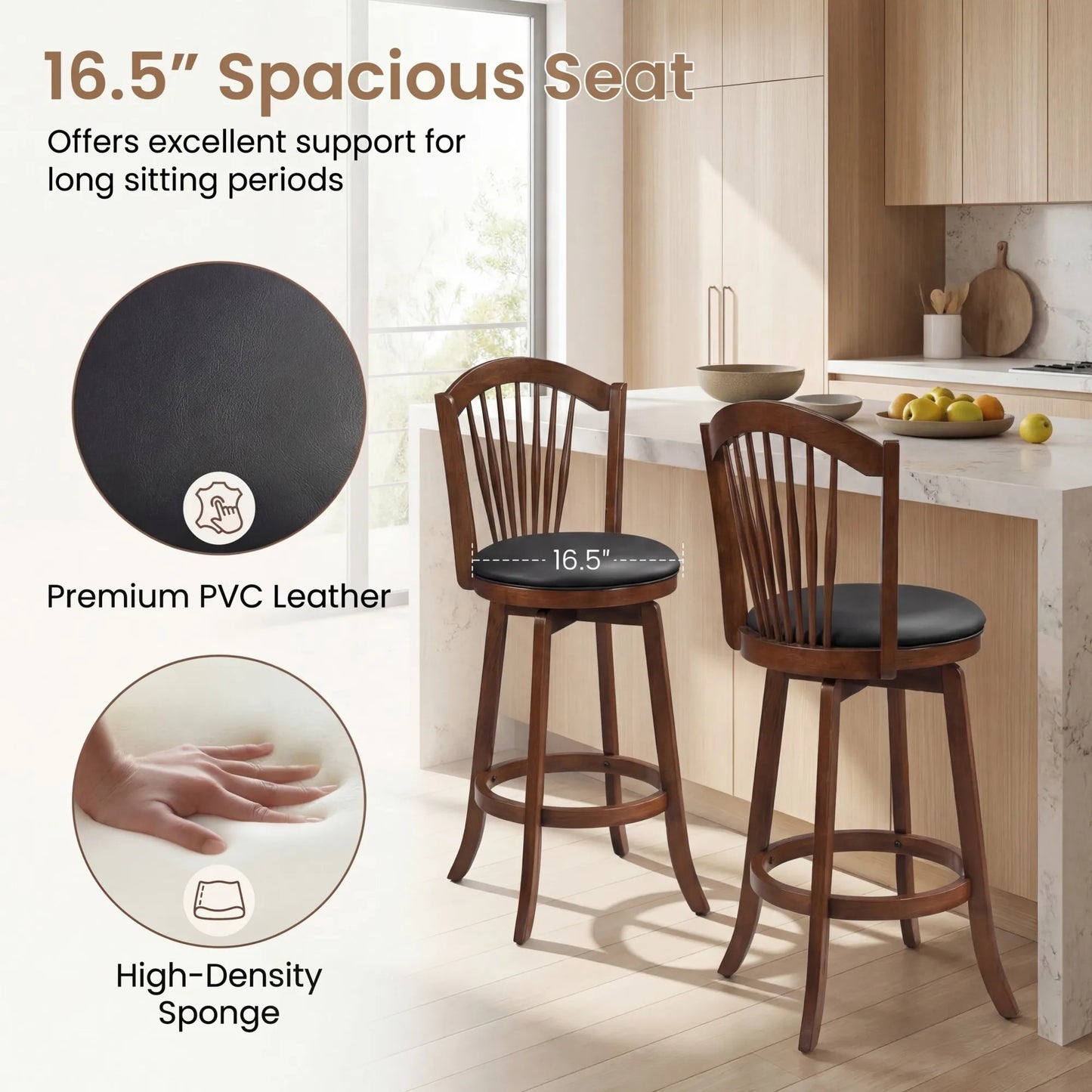 Swivel Bar Stools Set of 2, 31” Bar Height Barstools w/ Backrests & Wood Frame