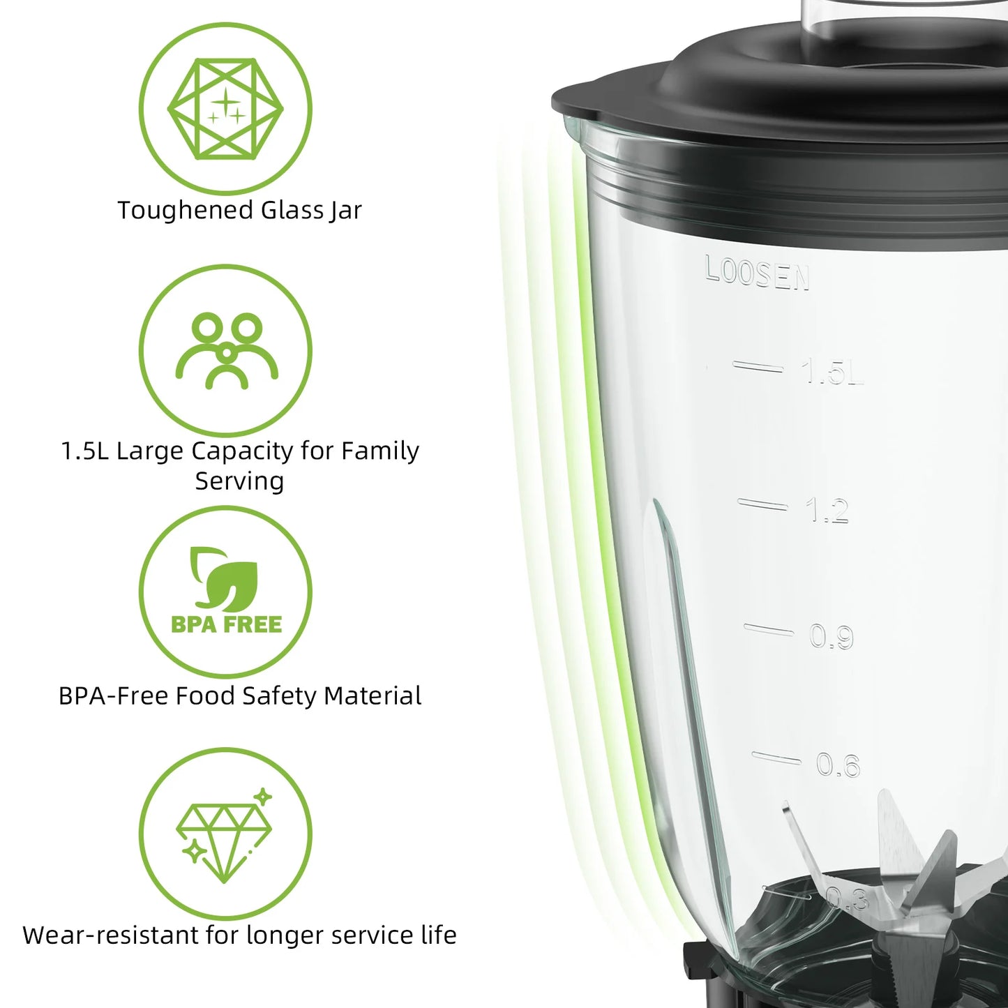BioloMix 1300W Smoothie Blender with 1.5L Glass Jar, Personal Blenders Combo for Frozen Fruit Drinks,  Sauces