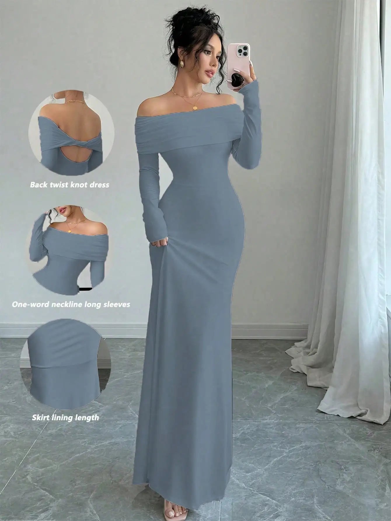 White Off-Shoulder Long Sleeve Maxi Dress with Back Twist Knot, Fitted Silhouette for Evening Events