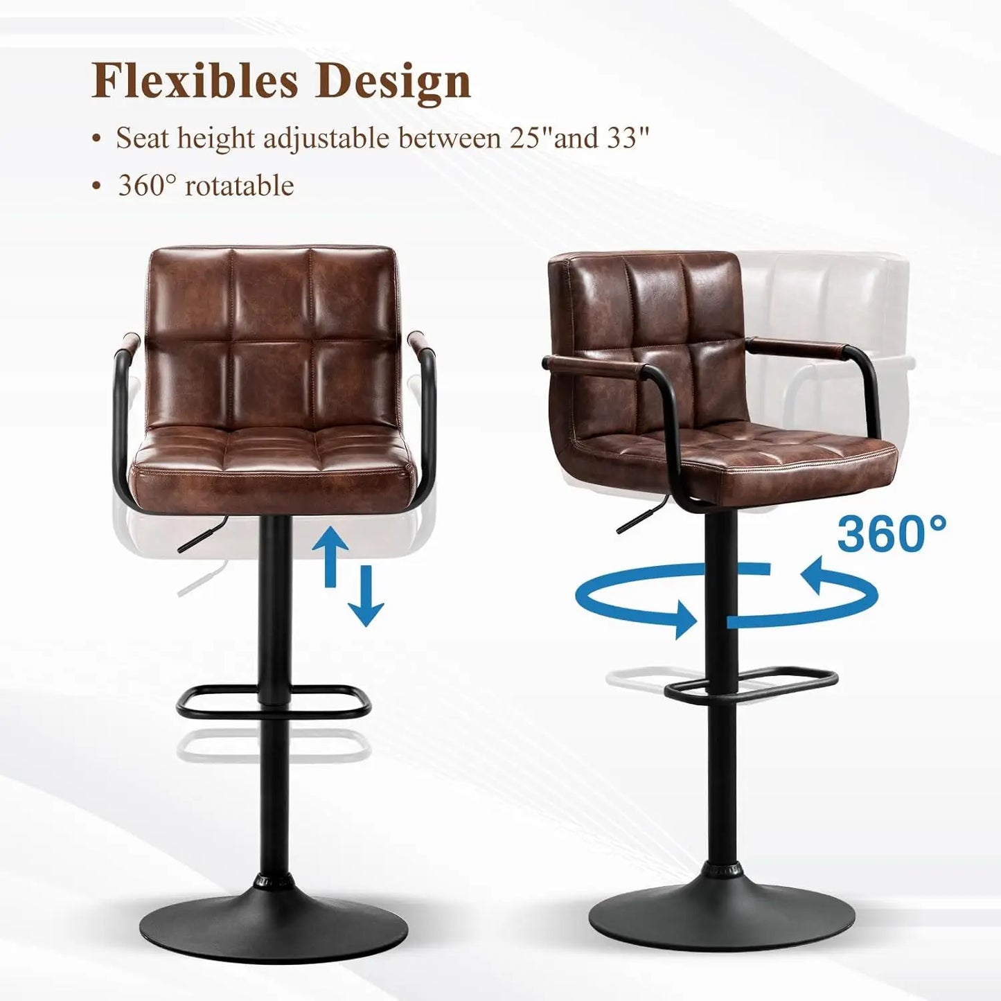 Swivel Bar Stools Set of 4, Adjustable Kitchen Counter Height BarStools with Arms, PU Leather Upholstered Bar Chair, Customized