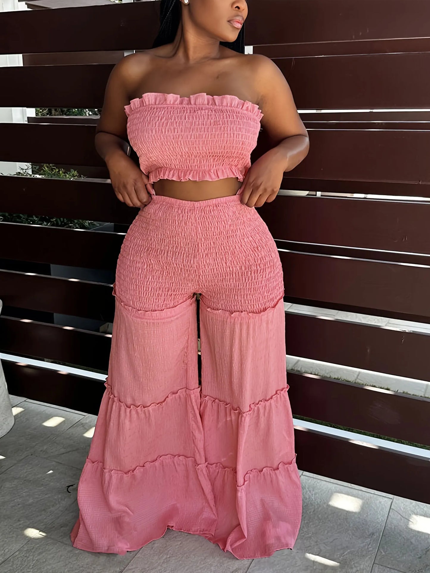 Women 2 Piece Set Strapless Smocked Tube Top Wide Leg Pants Ruffle Tiered Summer Beach Vacation Boho Outfit