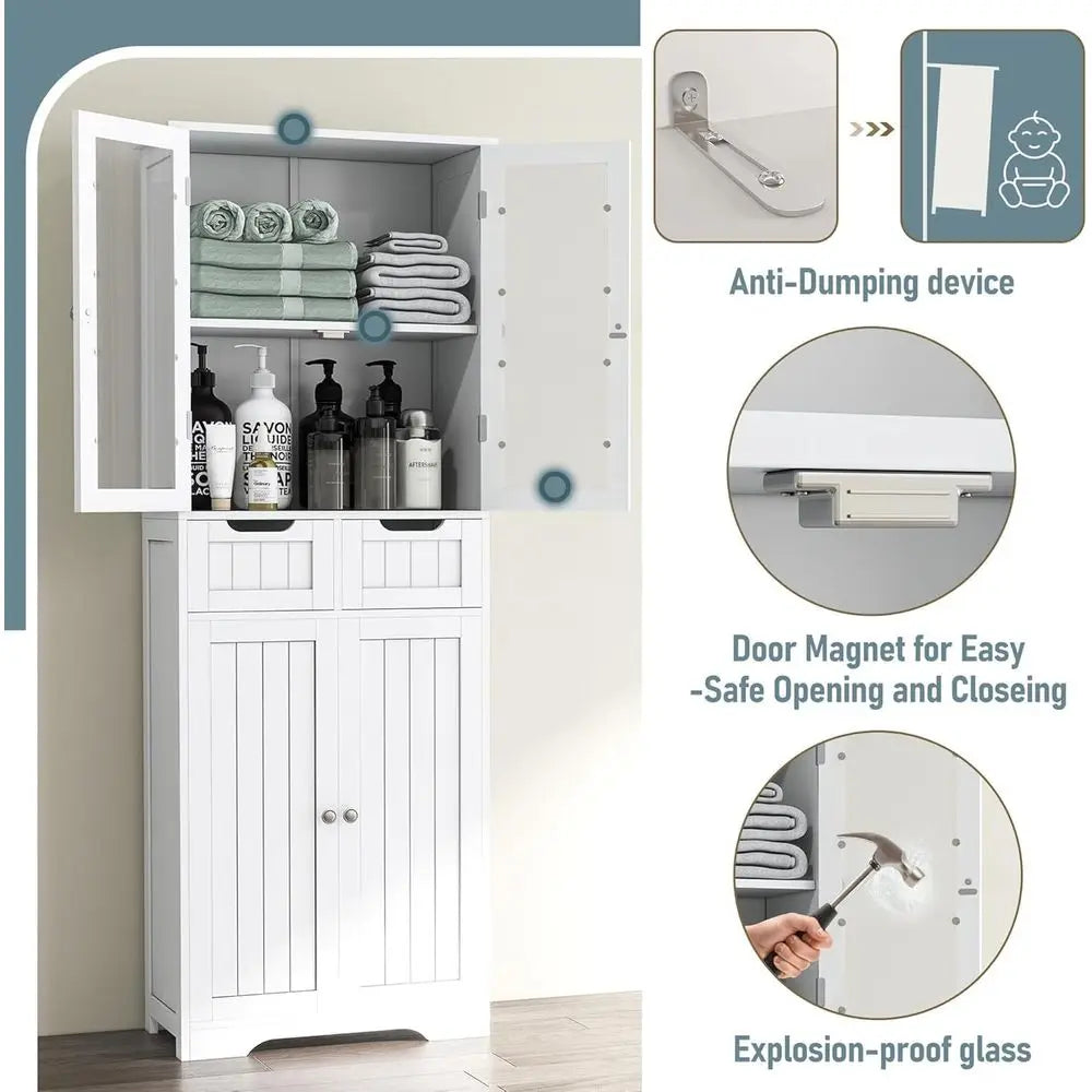 67" Tall Bathroom Storage Cabinet, reestanding Bathroom Cabinet with Glass Doand Shelves, Large Bathroom Cabinet with 2 Ders or