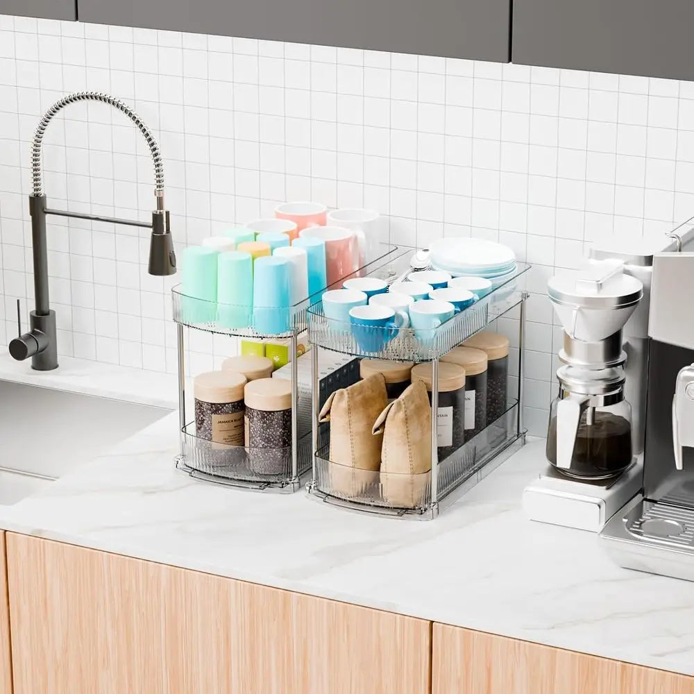 2 Pack Large Pull Out Bathroom Organizers and Storage, 2 Tier 12.8 Tall Sliding Kitchen Under Sink Organizer, Clear Acrylic Bath