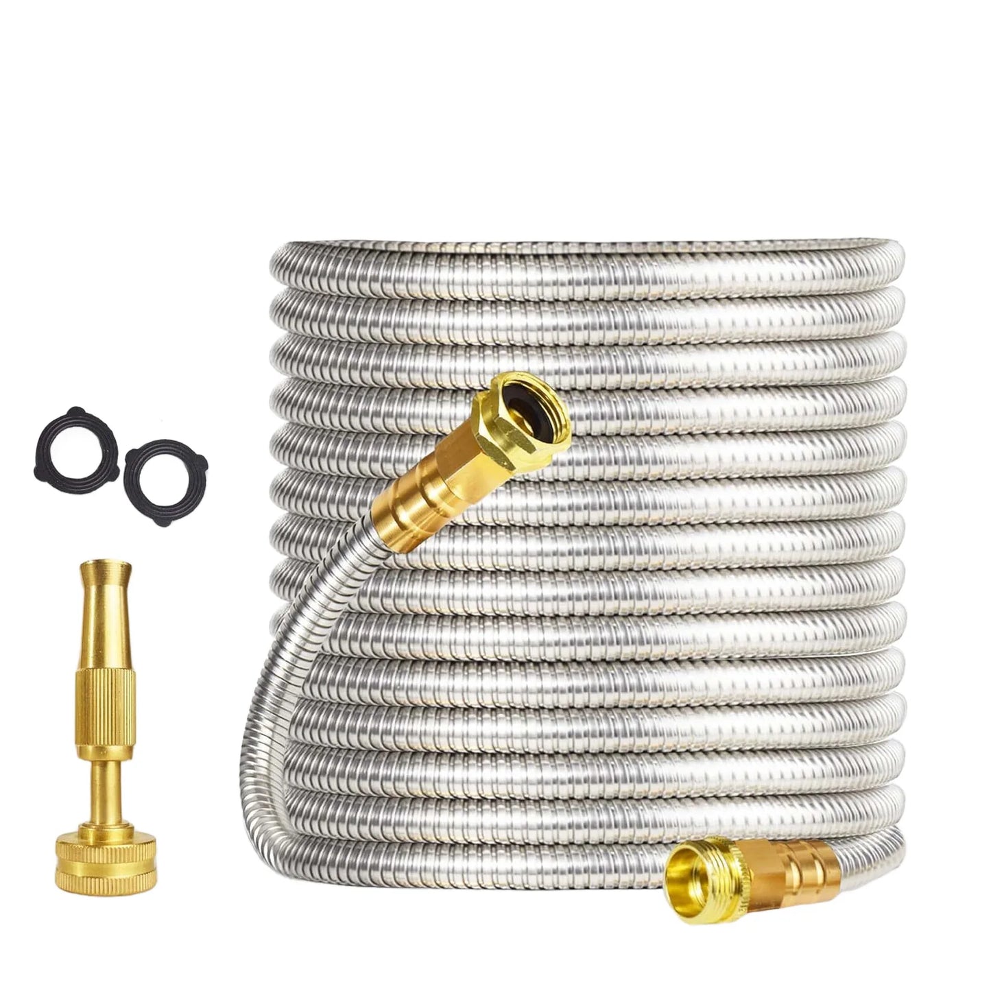 Heavy Duty Stainless Steel Garden Hose – Flexible Metal Water Hose – Kink Proof & Anti-Kink – Adjustable Brass Nozzle, Perfect for Lawn, Car Wash, Outdoor Irrigation, 25FT,50FT,75FT,100FT