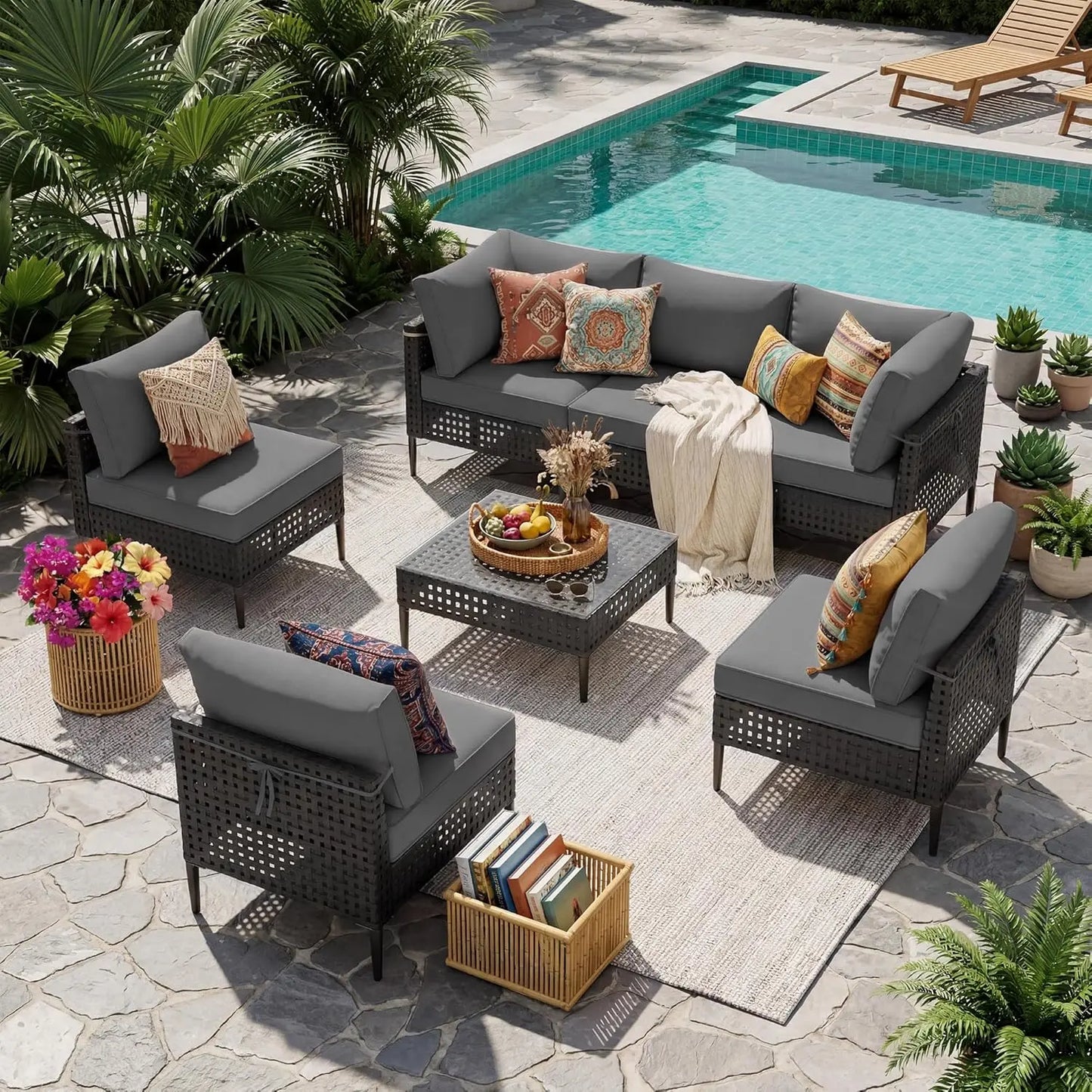 Wicker Patio Furniture Set, 7-Piece Modular Outdoor Furniture Set, High-Leg Design Sectional Patio Sofa with Glass, Customized