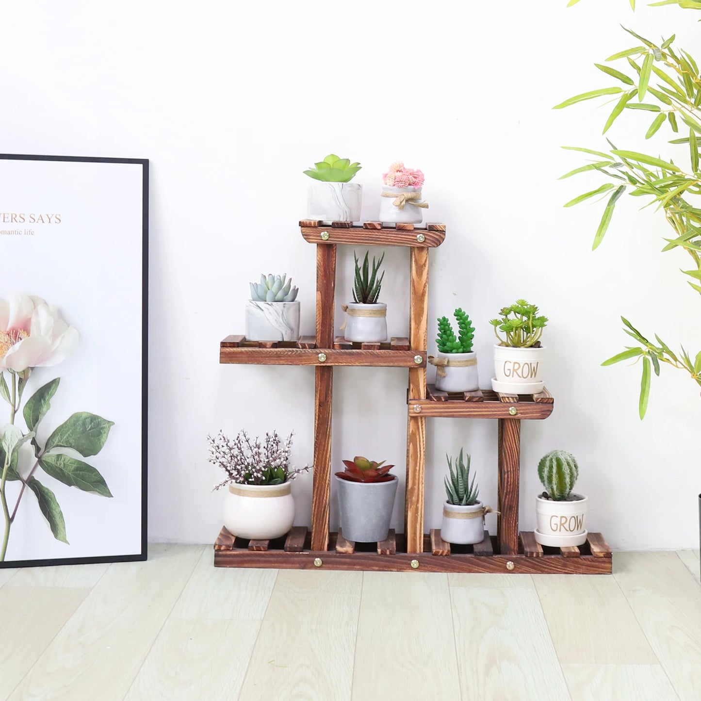 Carbonized Wood Plant Stand Multi Tier Succulent Rack Mini Desktop Plant Holder for Outdoor Balcony Garden