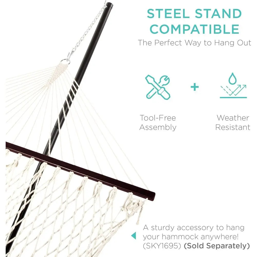 2-Person Double Hammock, Outdoor Woven Cotton Rope Hammocks or Backyard, Patio w/Spreader Bars, Carrying Case, 450lb Weight acit