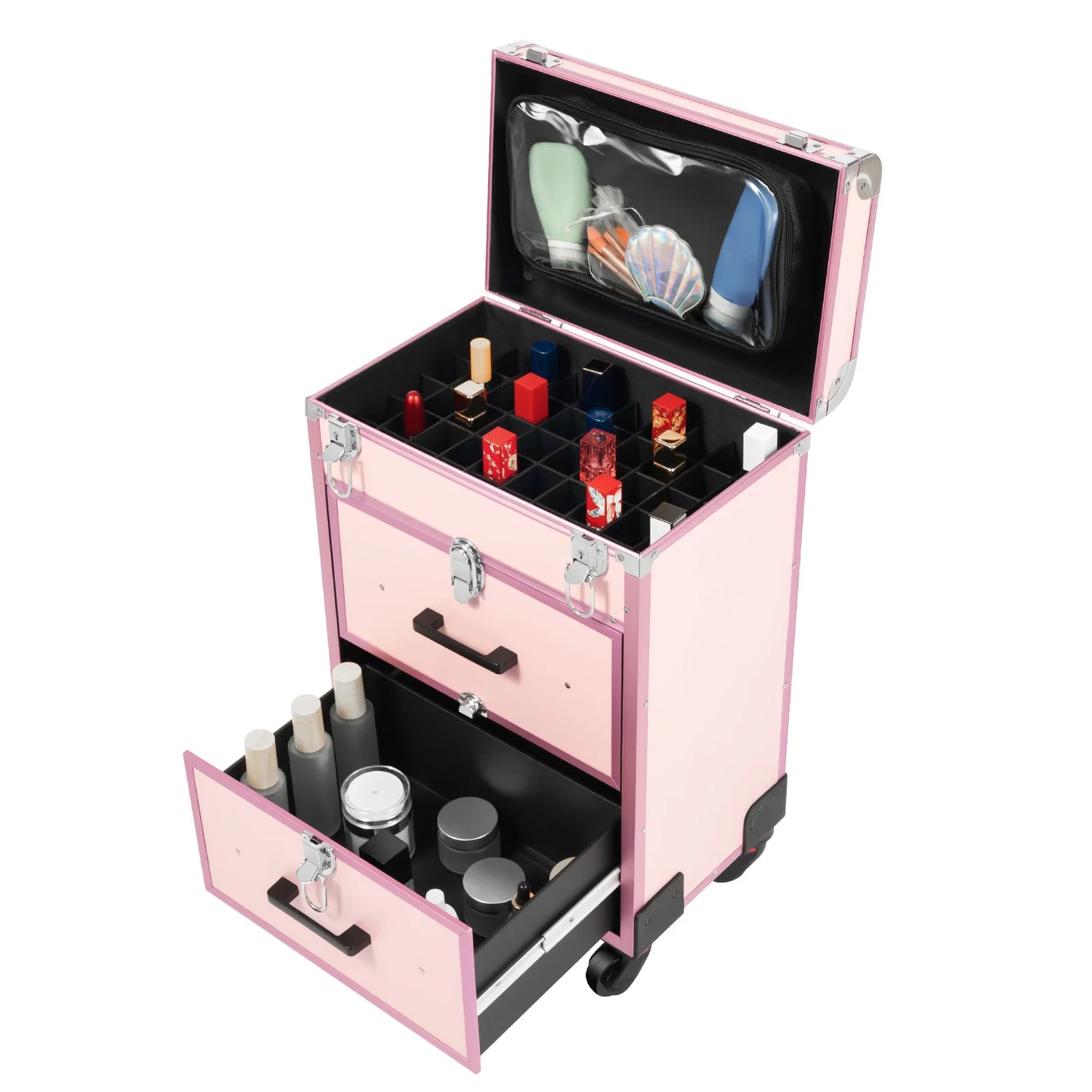 Professional Makeup Rolling Train Case, 3-Layer Portable Cosmetics Organizer with 50 Compartments & Wheels - 110LBS Capacity