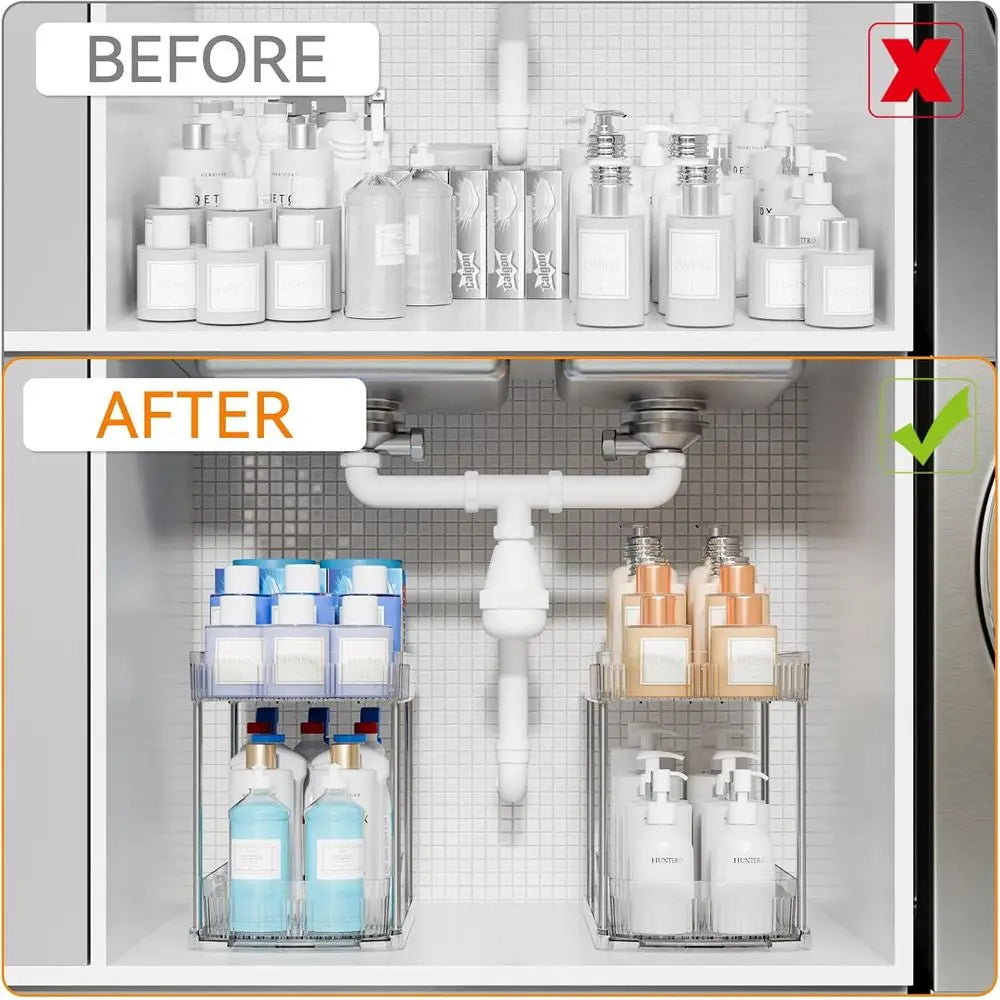 2 Pack Large Pull Out Bathroom Organizers and Storage, 2 Tier 12.8 Tall Sliding Kitchen Under Sink Organizer, Clear Acrylic Bath