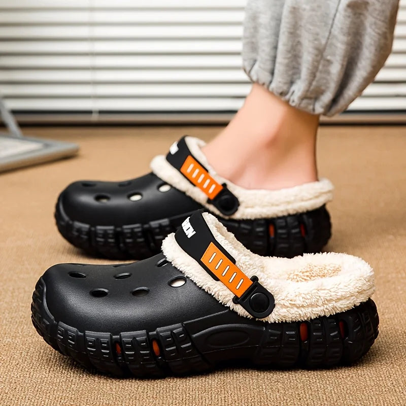 Unisex lined hole shoes, winter removable thick sole slippers with warm lining for outdoor use, thick and warm cold-proof