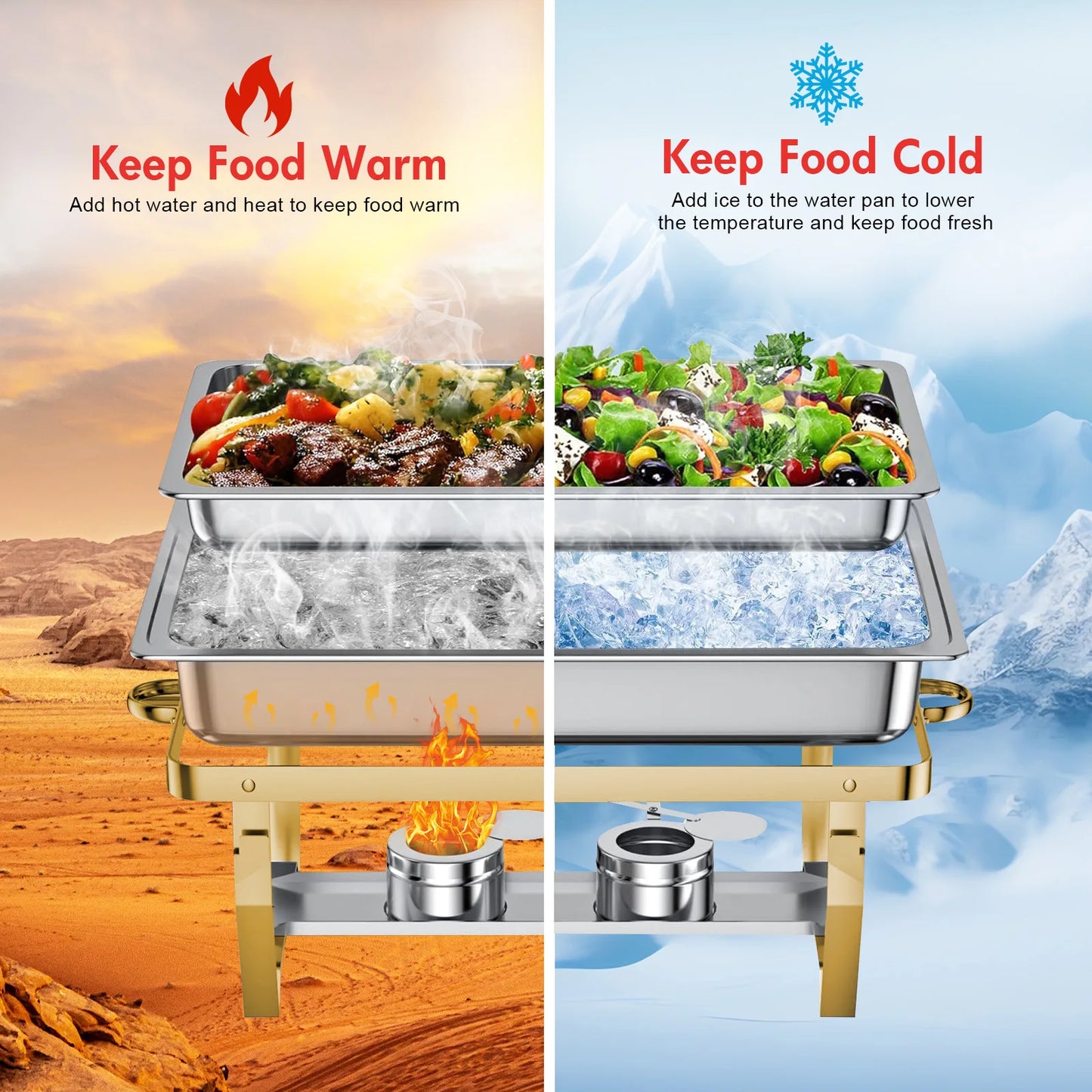 2/4Pack Chafing Dish Set Stainless Steel 316 Gold Rectangular Buffet Warmer for Hotel Catering Parties Weddings Outdoors