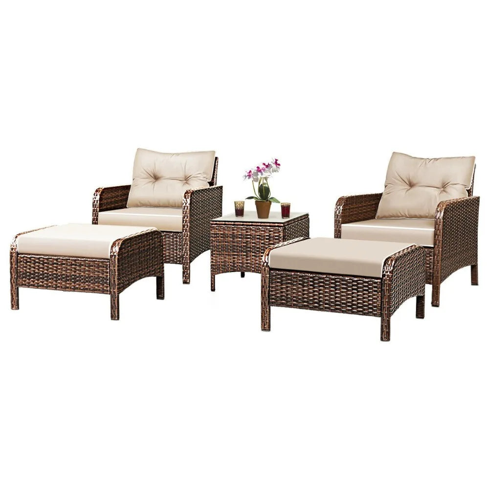 5 PCS Rattan Wicker Furniture Set Sofa Ottoman W/ Cushions Patio Garden Yard NEW