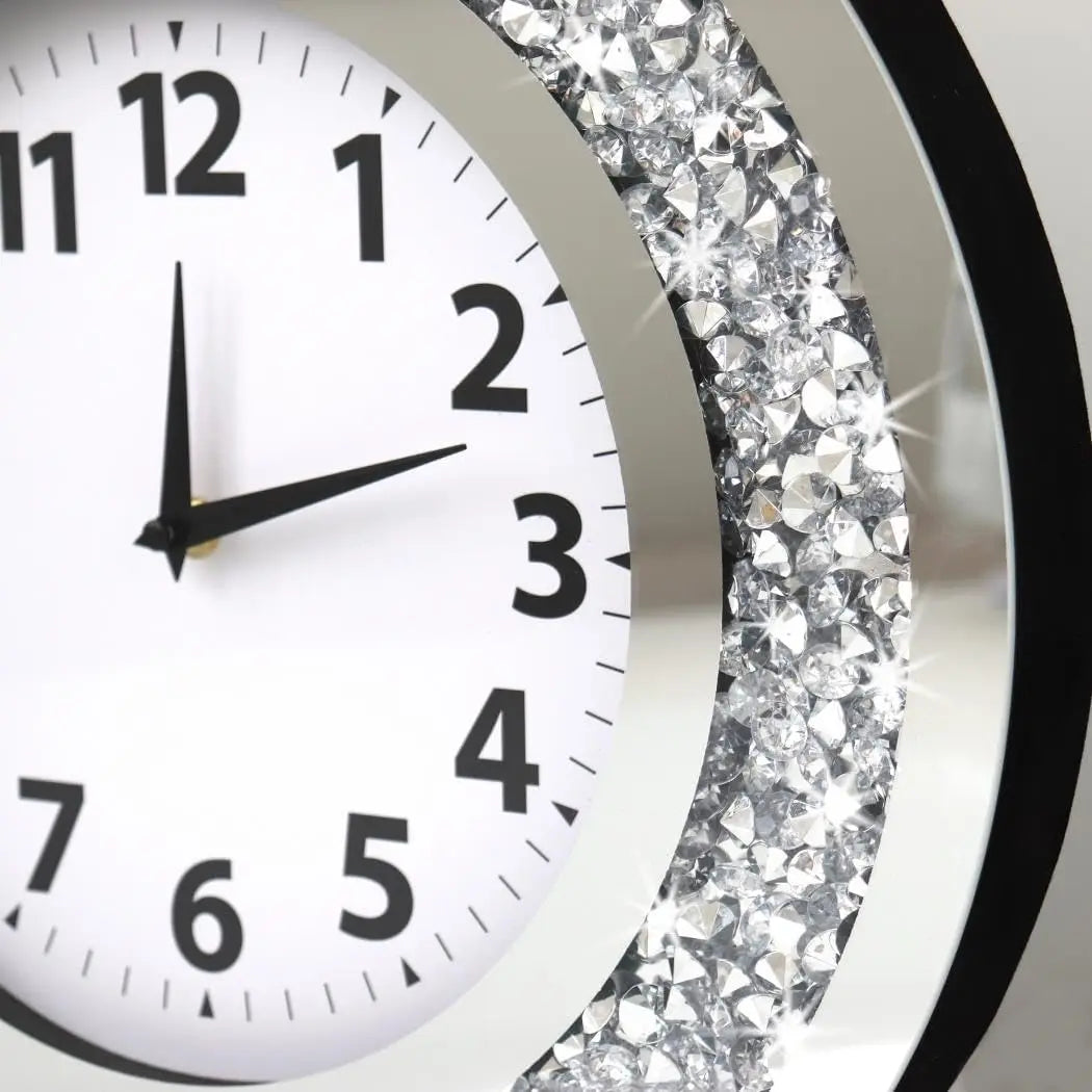 16x16 Inch Silver Crystal Diamond Mirror Wall Clock, Silent Quartz Movement, Modern Home Decor
