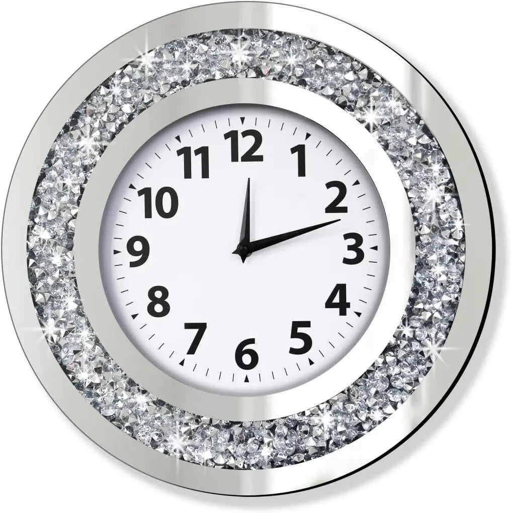16x16 Inch Silver Crystal Diamond Mirror Wall Clock, Silent Quartz Movement, Modern Home Decor