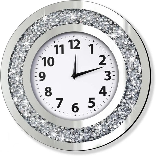 16x16 Inch Silver Crystal Diamond Mirror Wall Clock, Silent Quartz Movement, Modern Home Decor