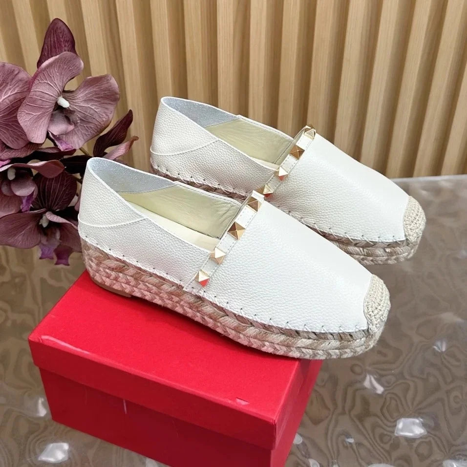 mew Top Quality 2025 New Genuine Leather Rivet Platform Loafers Shoes Shallow Espadrilles Fisherman Shoes De Mujer