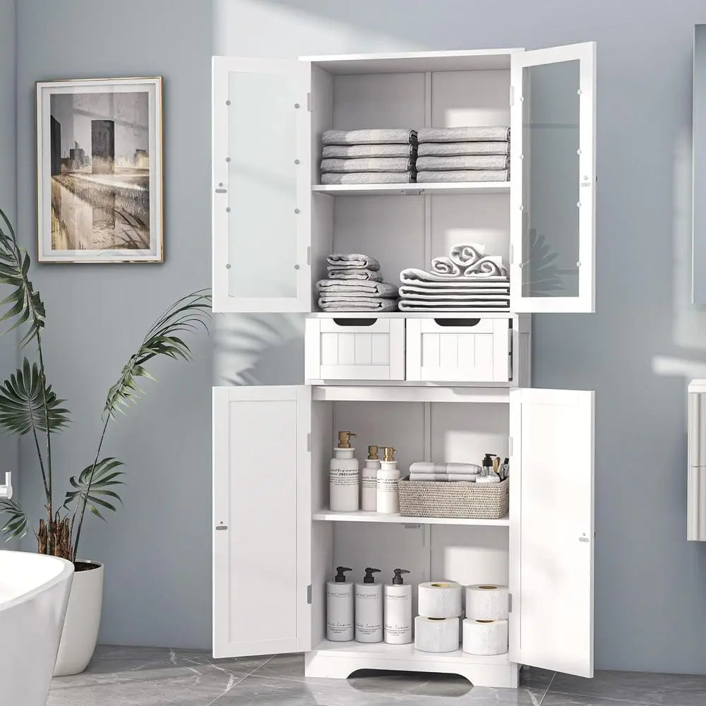 67" Tall Bathroom Storage Cabinet, reestanding Bathroom Cabinet with Glass Doand Shelves, Large Bathroom Cabinet with 2 Ders or