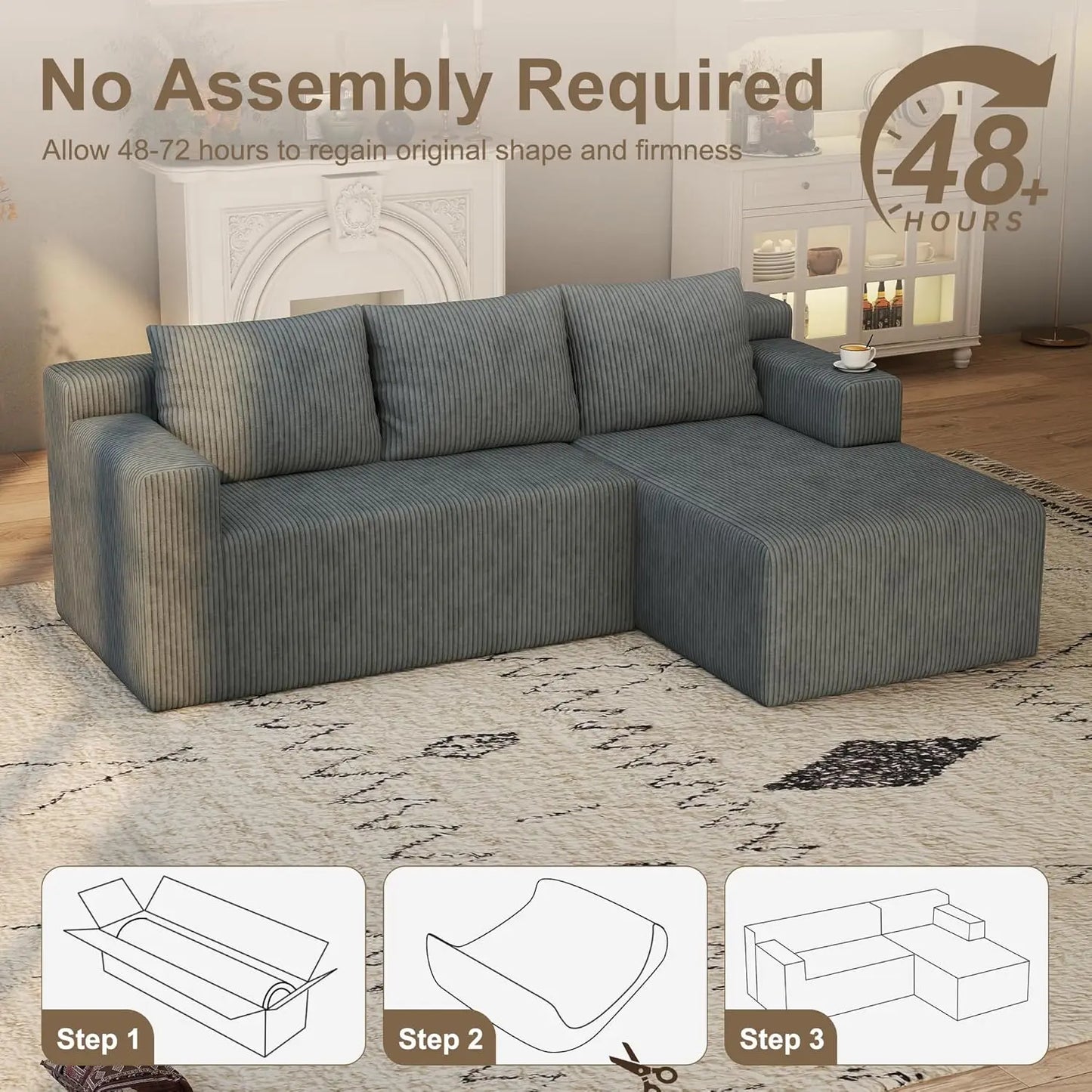 Boneless Couch with L Shaped Chaise, Sectional Cloud Sofa with High Backrest, Corduroy Memory Foam Couch, No Assembly Cloud