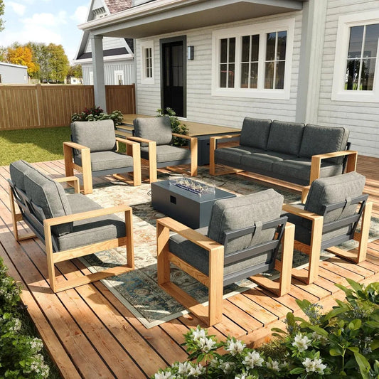 Outdoor Patio Furniture Set, 7-Piece Modern Sectional Conversation Sets with Fire Pit Table, Wide Seat and Thick Cushions