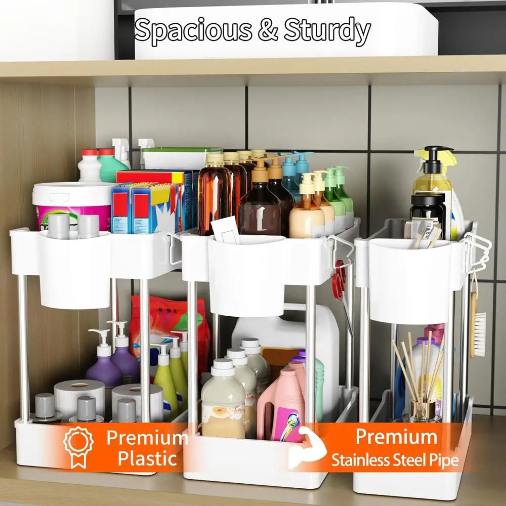 3 Pack Under Sink Organizers, 2 Tier Bathroom Cabinet Organizer with Hanging Cups, Kitchen & Bathroom Storage (White)