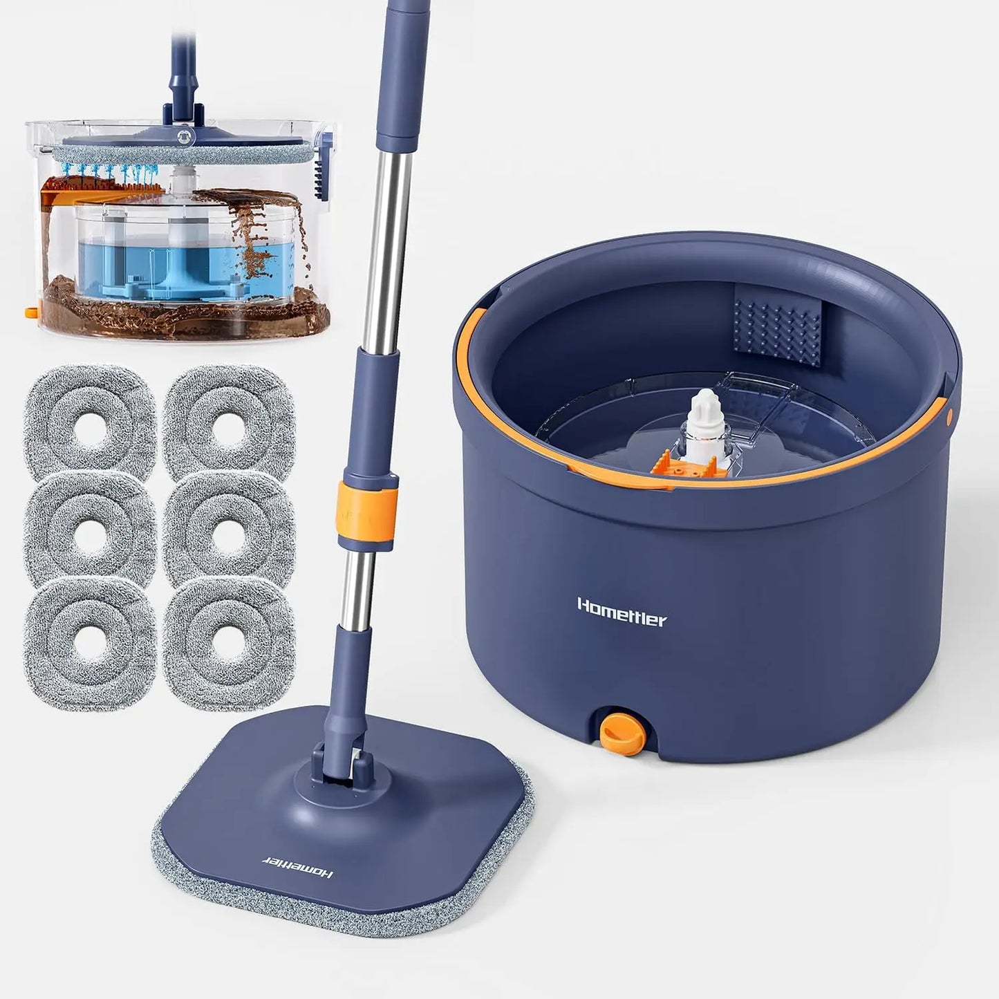 Dual-Tank Spin Mop Set with Microfiber Pads for Floors and Walls, Easy Self-Cleaning Bucket