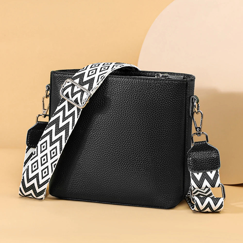 Genuine Leather Shoulder Bag Soft Trendy Crossbody Bag with Guitar Strap Vintage Bucket Bag Satchel Purse for Women
