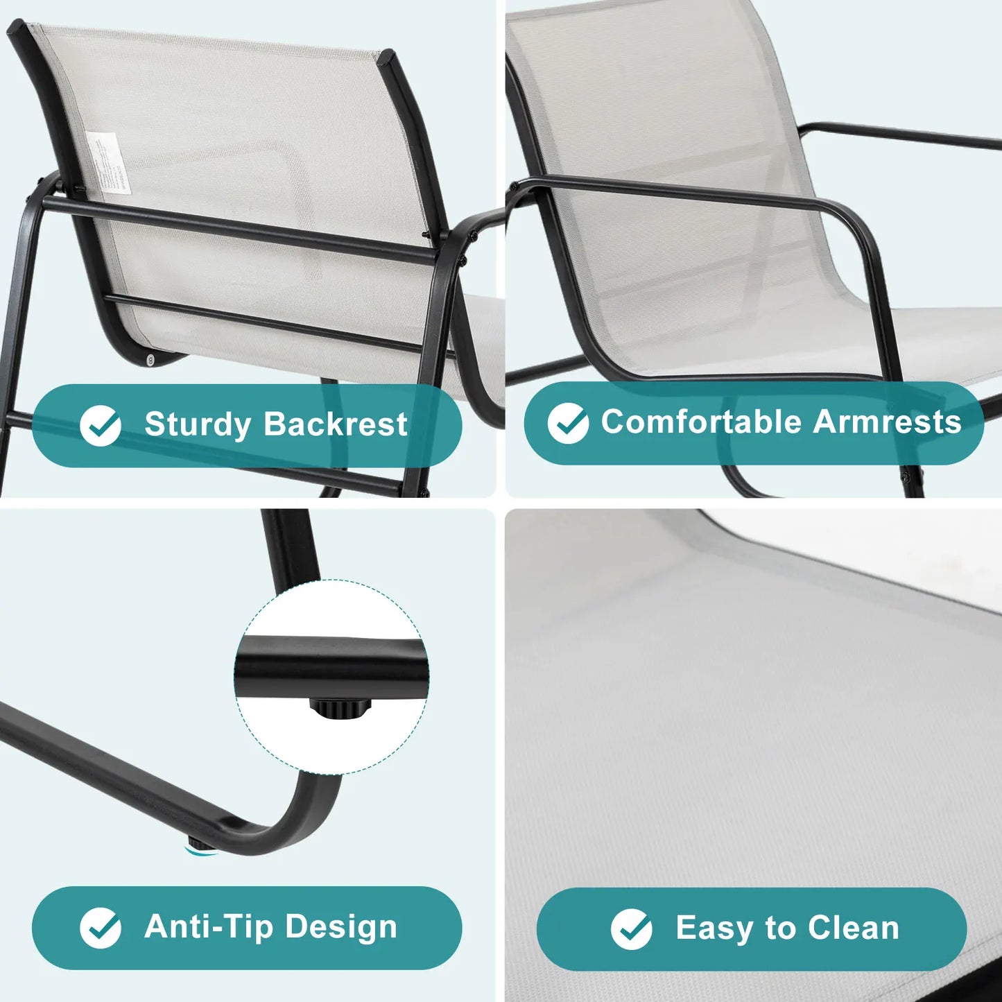 JHK Patio Furniture 3 Pieces Set with Table Outdoor Metal Frame Lumbar Support Mesh Backrest Sectional Balcony Sets for Garden