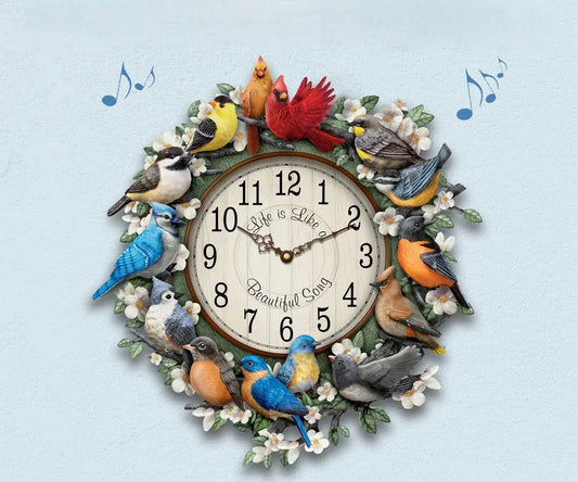 Songbird Melodies Sculptural Wall Clock Featuring 12 Hand-Painted Bird Species That Mark The Hours On A Wooden-Framed Face with