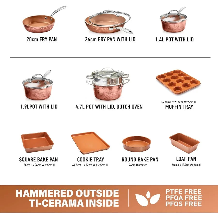 Hammered 15 Pc Ceramic Cookware Set Nonstick Deep Copper Pots and Pans Set Non Stick with Bakeware and Deep Fry Pan Non Toxic P