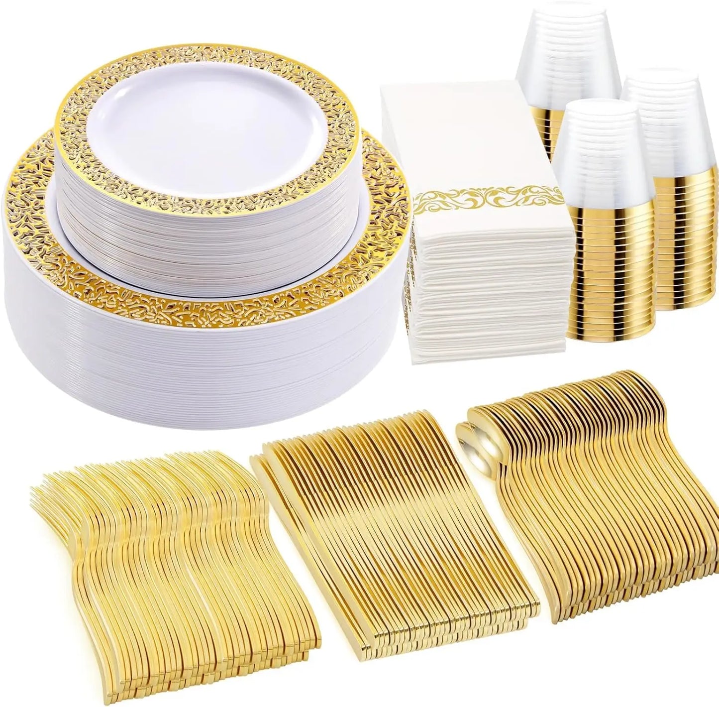 210Pcs Gold Plastic Dinnerware Set - Disposable Silverware, Cups, Plates for Party & Wedding