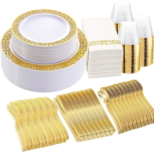 210Pcs Gold Plastic Dinnerware Set - Disposable Silverware, Cups, Plates for Party & Wedding