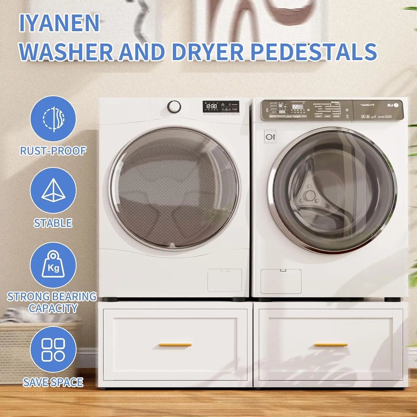 2 Pack Universal Laundry Pedestal 28" W 16" H with Drawer Heavy Duty Steel Washer Dryer Stand 440LBS Capacity