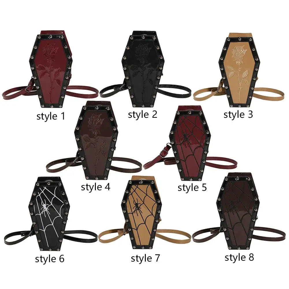 Women Coffin Satchel Purse Strap Adjustable Gothic Coin Purse PU Leather Spider Coffin Bag Y2K Cellphone Bag Halloween Candy Bag