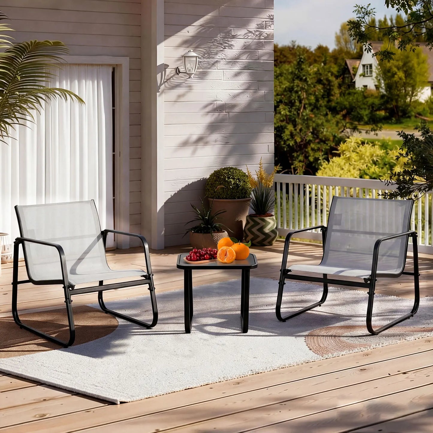 JHK Patio Furniture 3 Pieces Set with Table Outdoor Metal Frame Lumbar Support Mesh Backrest Sectional Balcony Sets for Garden