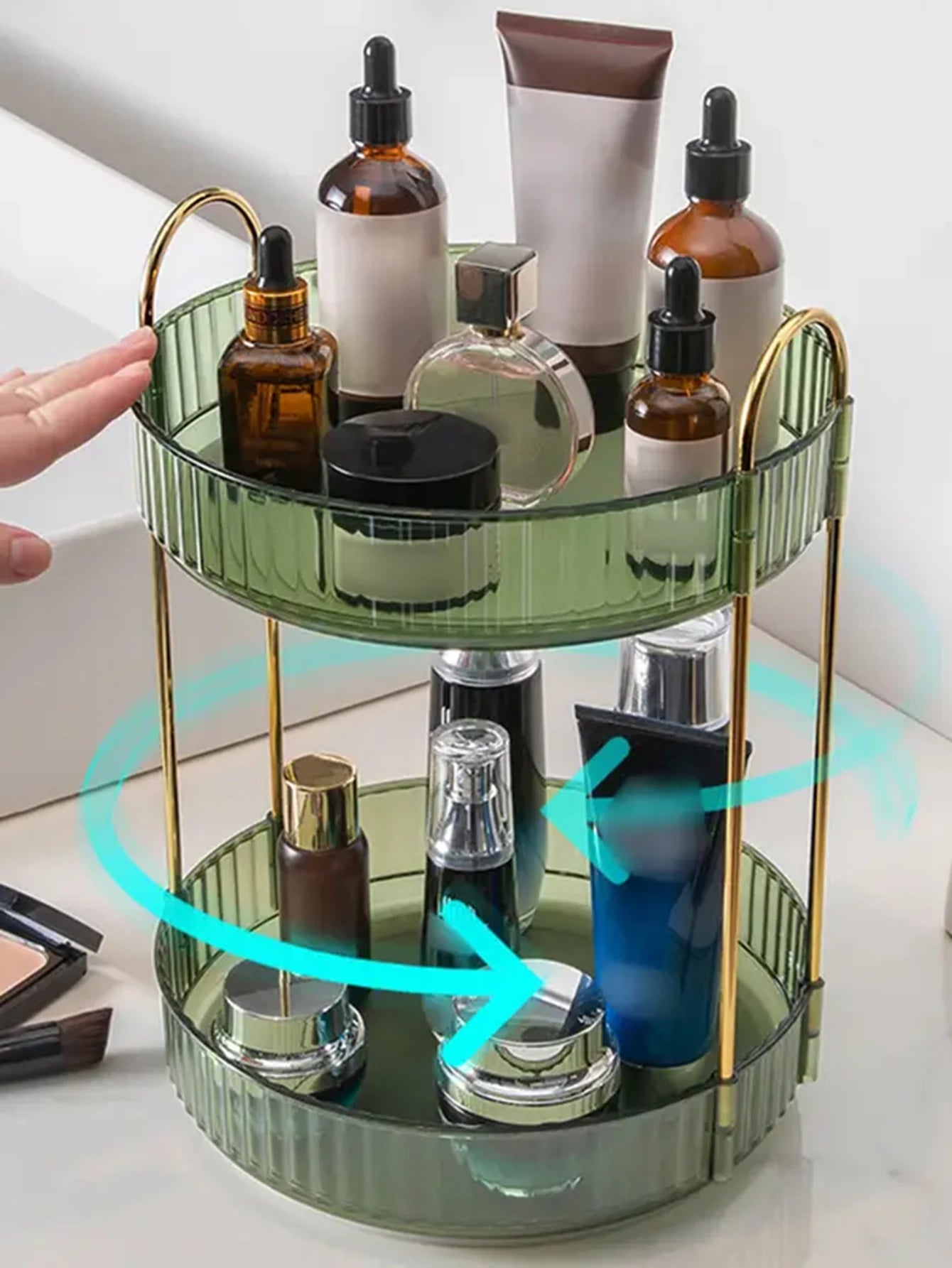 Green large capacity bathroom rotating storage rack, countertop makeup rack, suitable for placing skincare and household items.