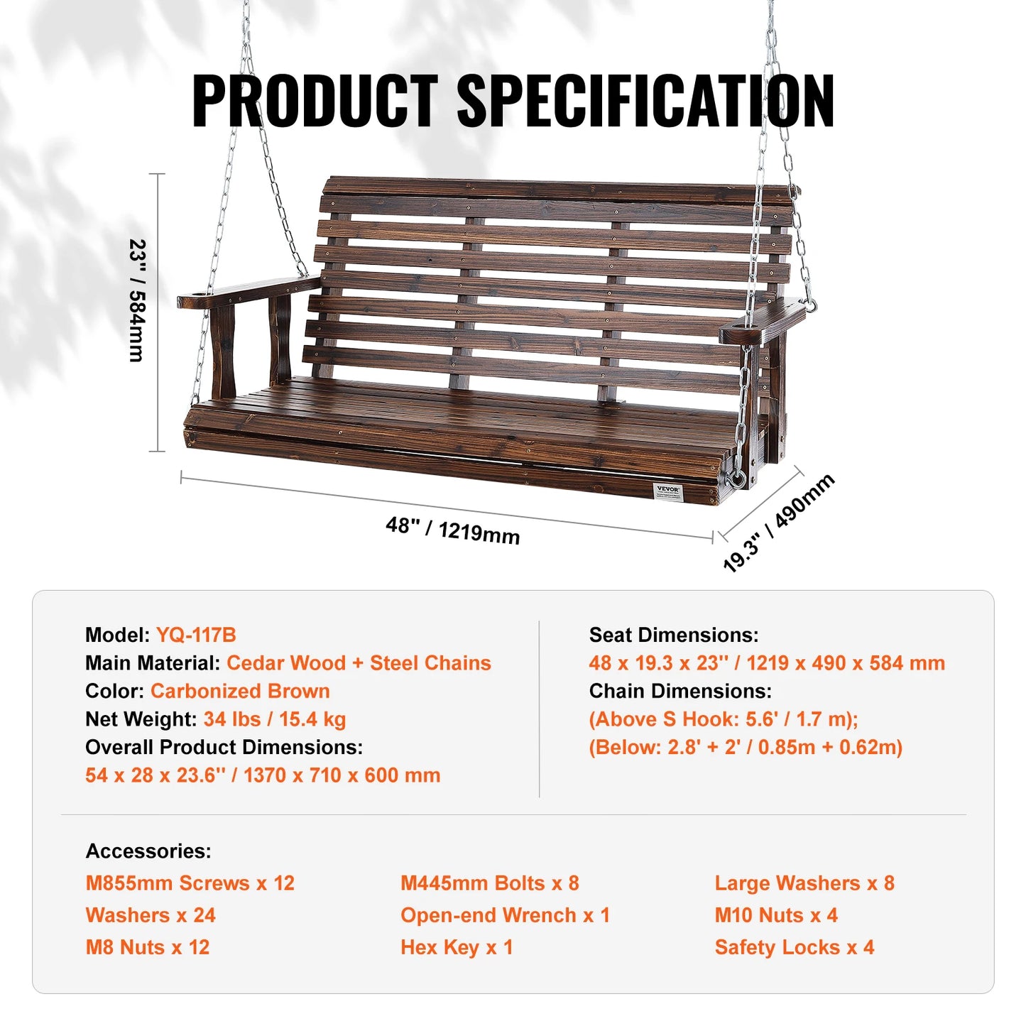 SucceBuy Wooden Porch Swing 5 ft Patio bench swing for Courtyard Garden Upgraded 880 lbs Strong Load Capacity Swing Chair Bench
