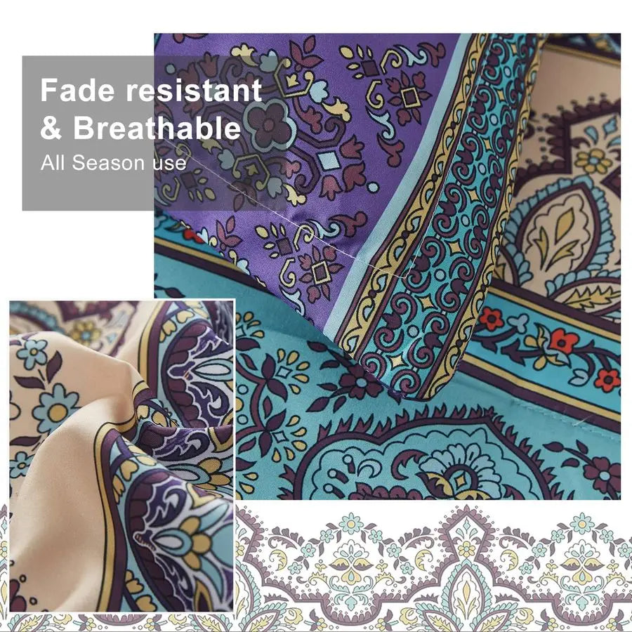 Boho Comforter Set Queen Size 8 Piece Bed in a Bag Bohemian Striped Bedding Quilt Set Aqua Paisley Floral Comforter and Sheet Se