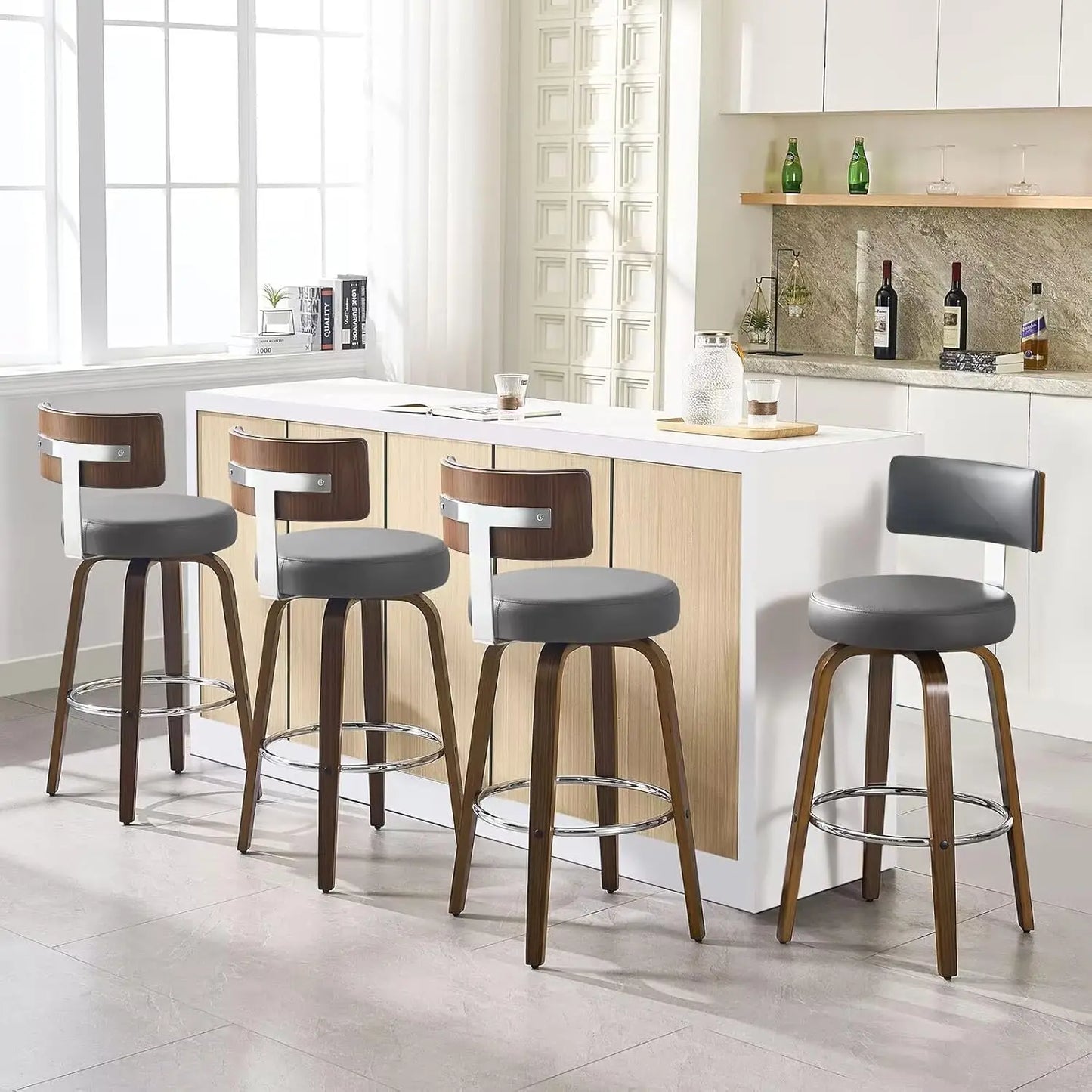 Swivel Counter Height Bar Stools Set of 4, Faux Leather Kitchen Stools Upholstered Barstools with Back, Walnut Wood, Customized