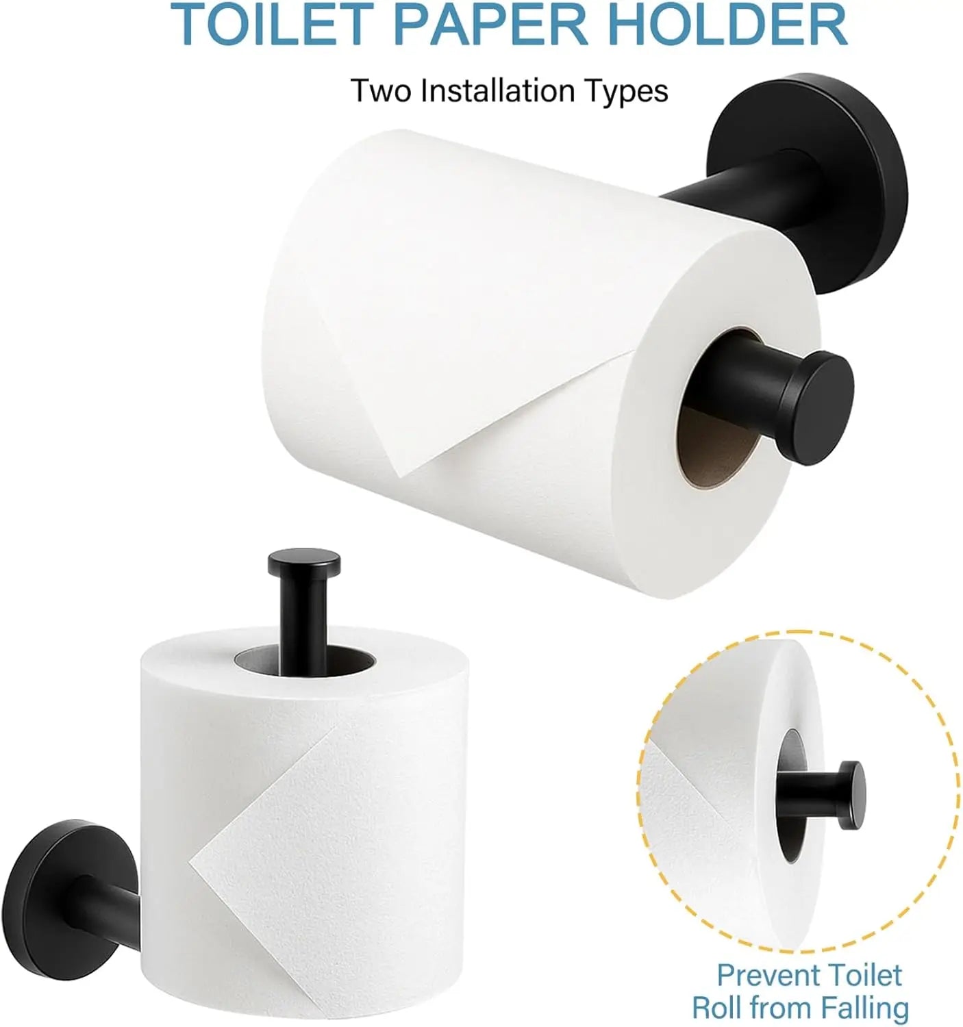 Matte Black 24in Bathroom Hardware Set, Stainless Steel Towel Bar with Ring and Hooks, Wall Mounted Toilet Paper Holder for