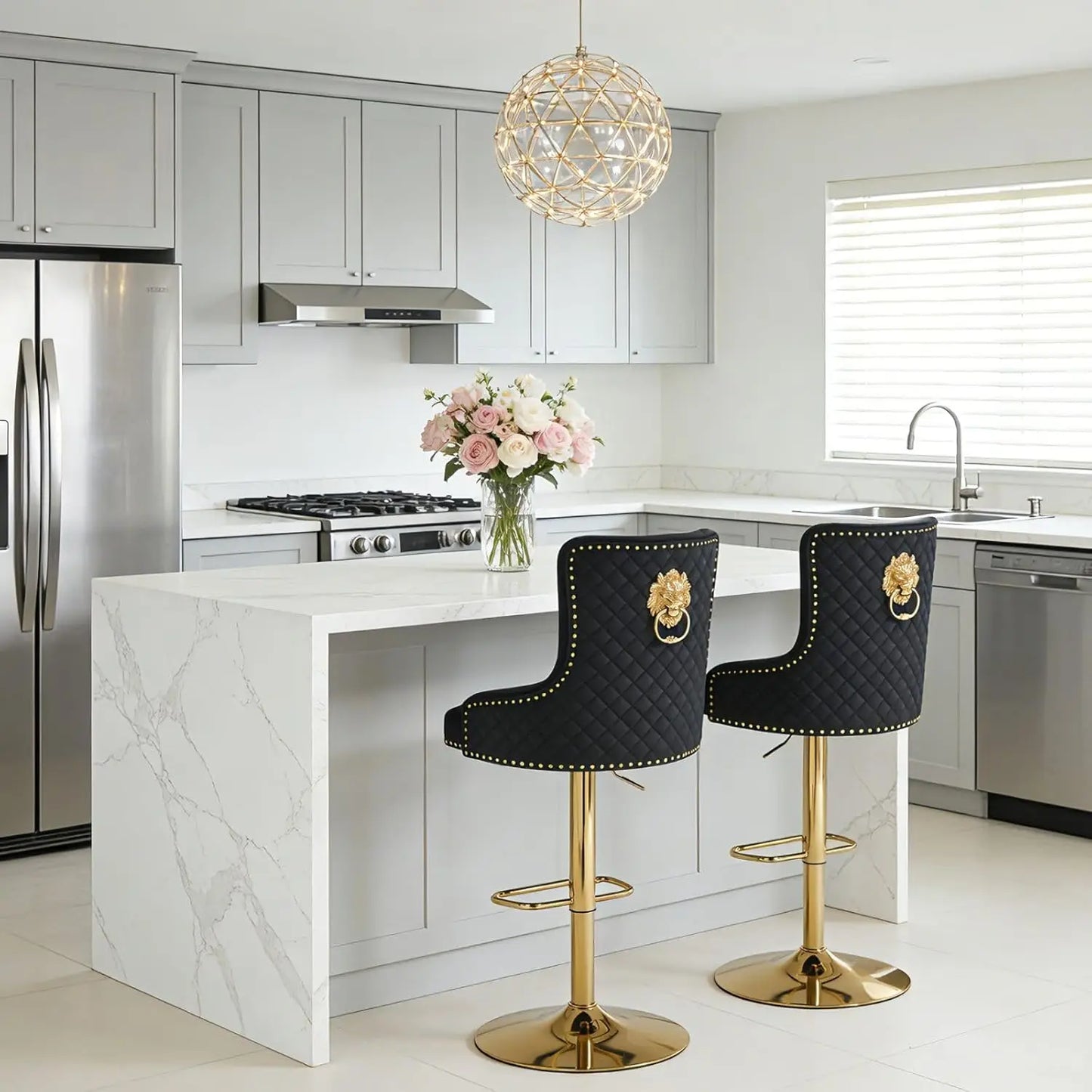 Gold Bar Stools Set of 4, Height Adjustable Velvet Island Chairs Upholstered Bar Height Chairs for Kitchen Counter, Cream