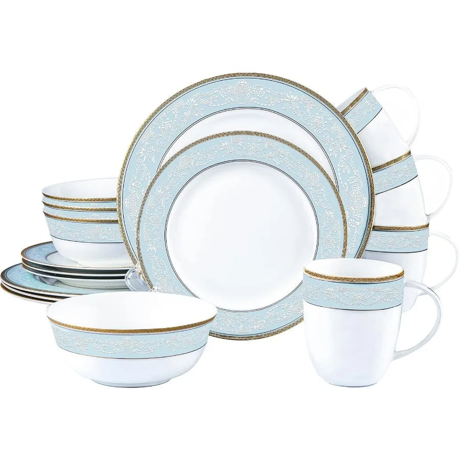 Fine Bone China Dinnerware Set16 Pcs Classic Relief Pattern Gilt Edged High Grade Porcelain Tableware Sets For 4 People