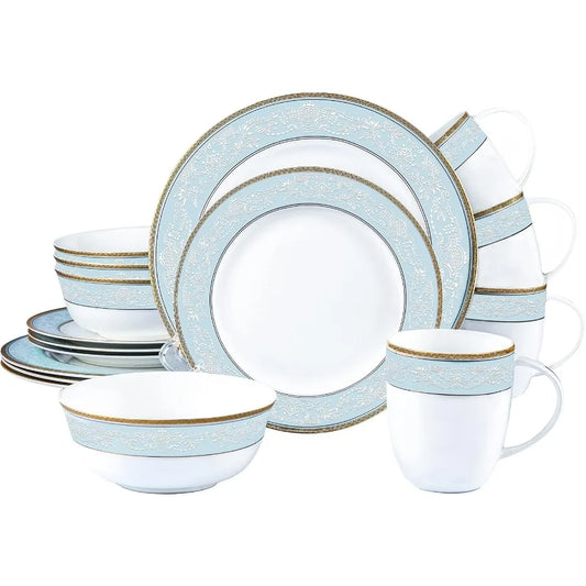Fine Bone China Dinnerware Set16 Pcs Classic Relief Pattern Gilt Edged High Grade Porcelain Tableware Sets For 4 People