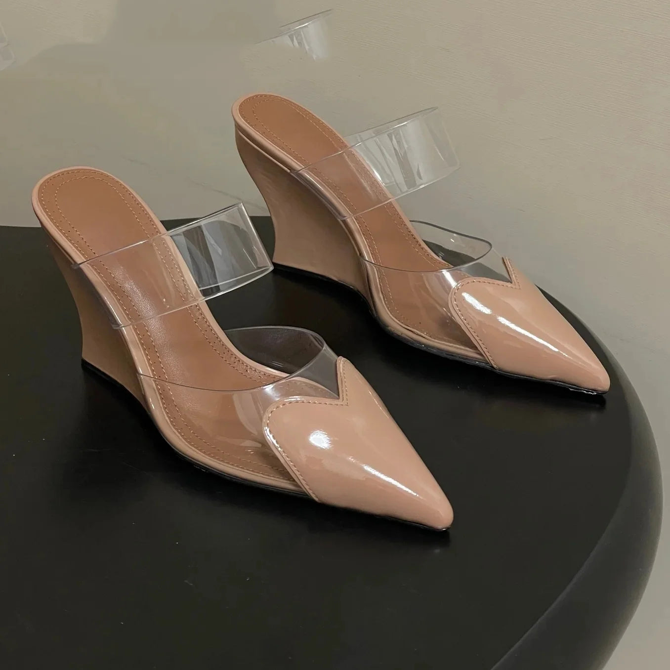 Newest Spring Summer Women's High Heel Slippers Genuine Leather Pointed-Toe Wedge Heel Slip-On Sandals Chic Style Bota Feminina