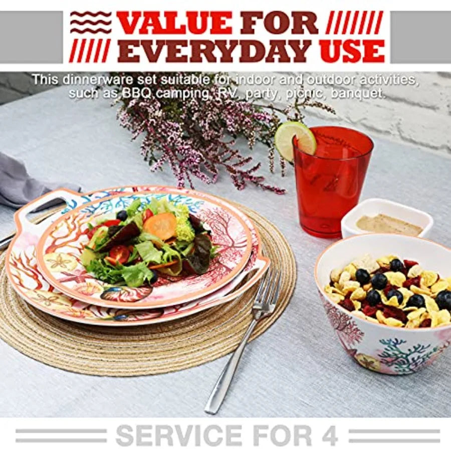 Melamine Dinnerware Set for 4-16 Pcs:Camping Dishes Set with Dinner PlatesSalad Plates Cups and Bowls.Lightweight and Unbreakab