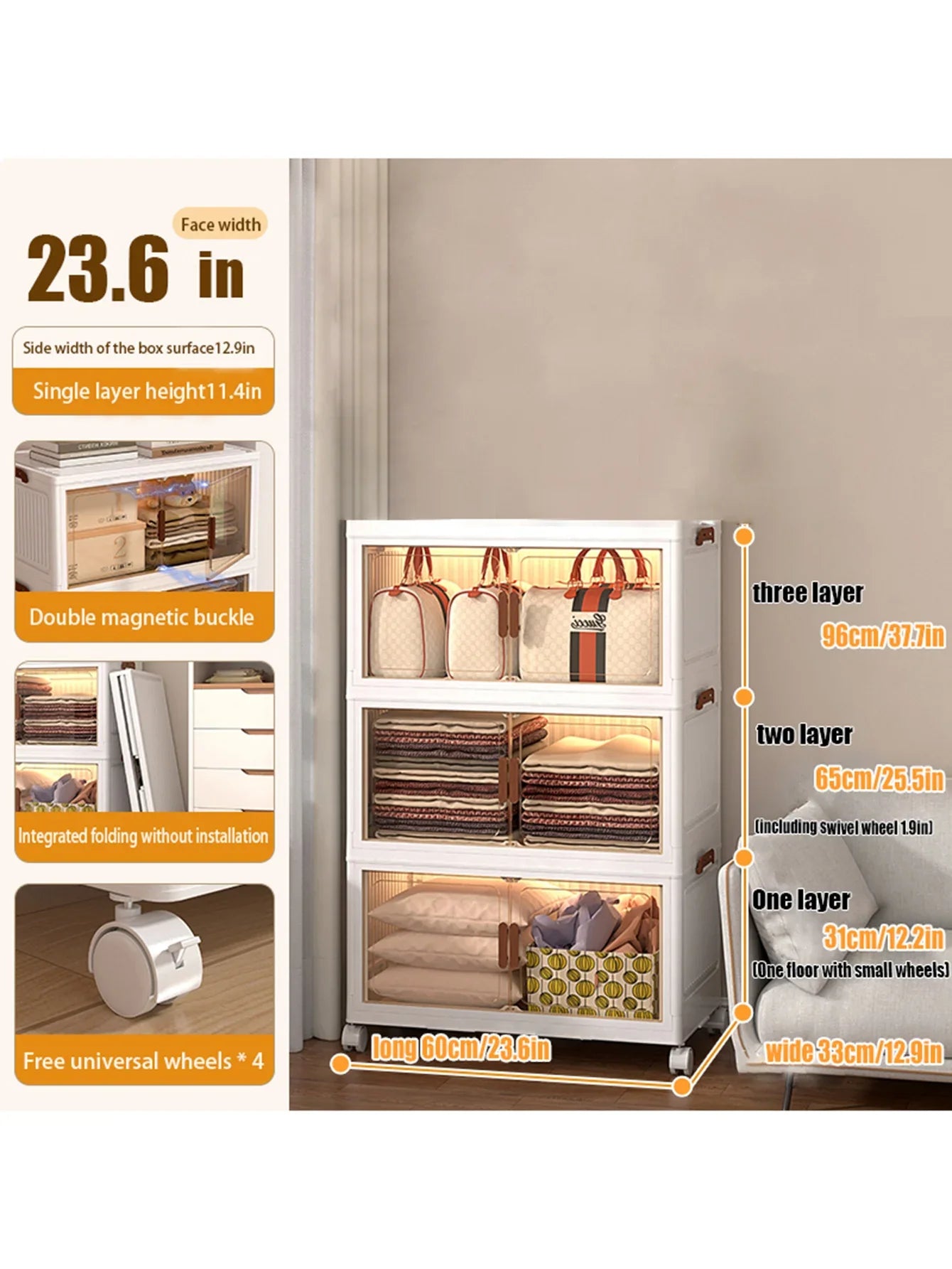 60cm 2/3/4/5 Layers Foldable Storage Cabinet with Wheels for Home Kitchen Bedroom Living Room Clothes Toy Shoes Storage Box